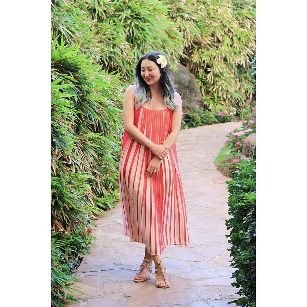 Karen Millen UK 12 EU 40 US 8 Knife Pleated Orange & White Striped Maxi Dress